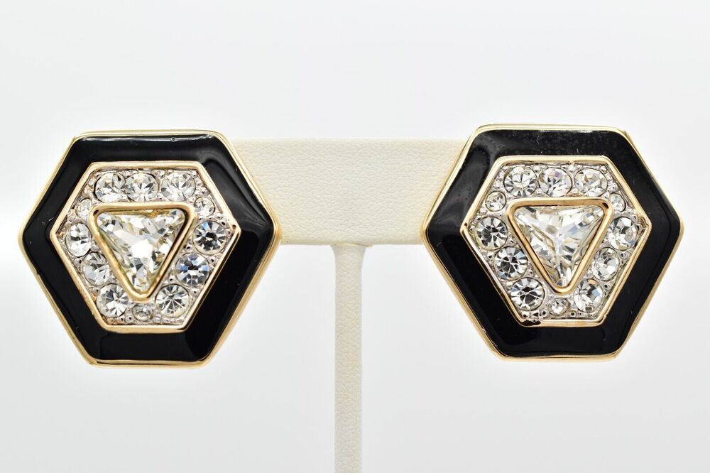 Swarovski Vintage Crystal Clip Earrings Black Enamel Heavy SAL Signed 80s BinBF